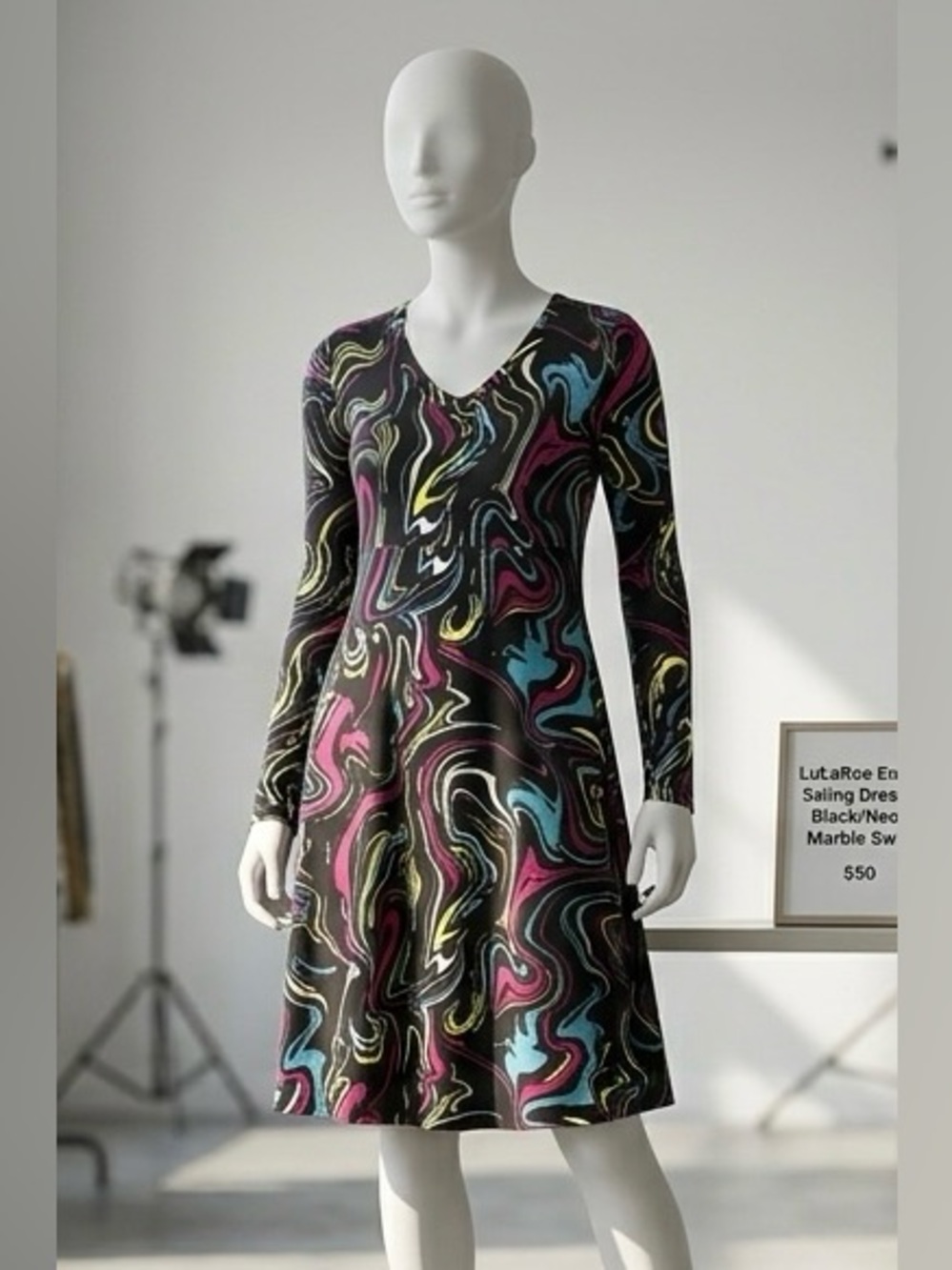 LuLaRoe Emily Colorful Neon Swirl Dress XS (2-4) Pockets